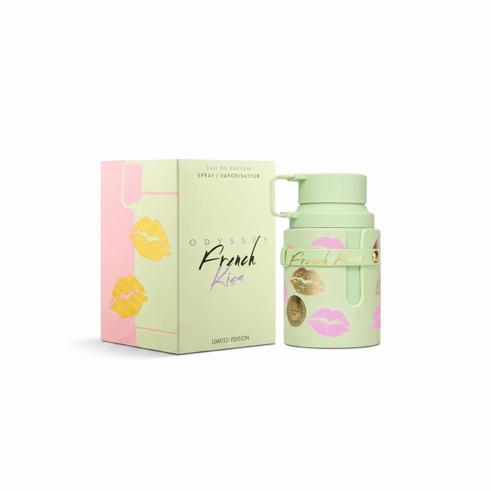 Palette 21 Odyssey French Kiss eau de parfum bottle and box featuring a light green finish with pink and gold lips.