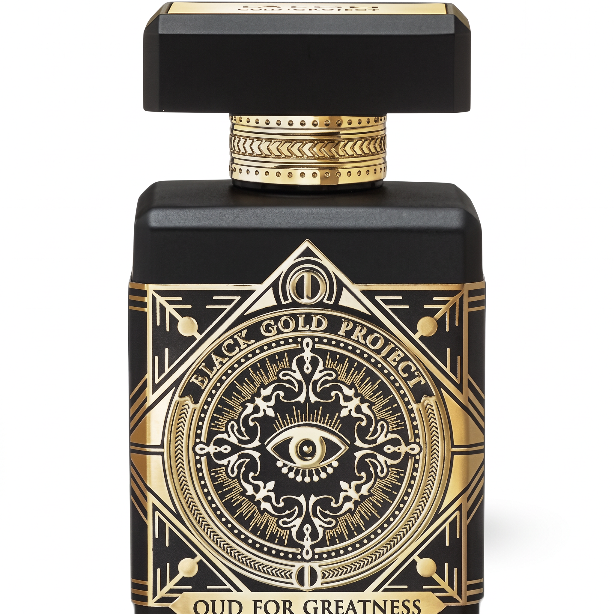 Palette 21 Oud for Greatness Initio Parfums bottle featuring a black matte finish with intricate gold geometric art.