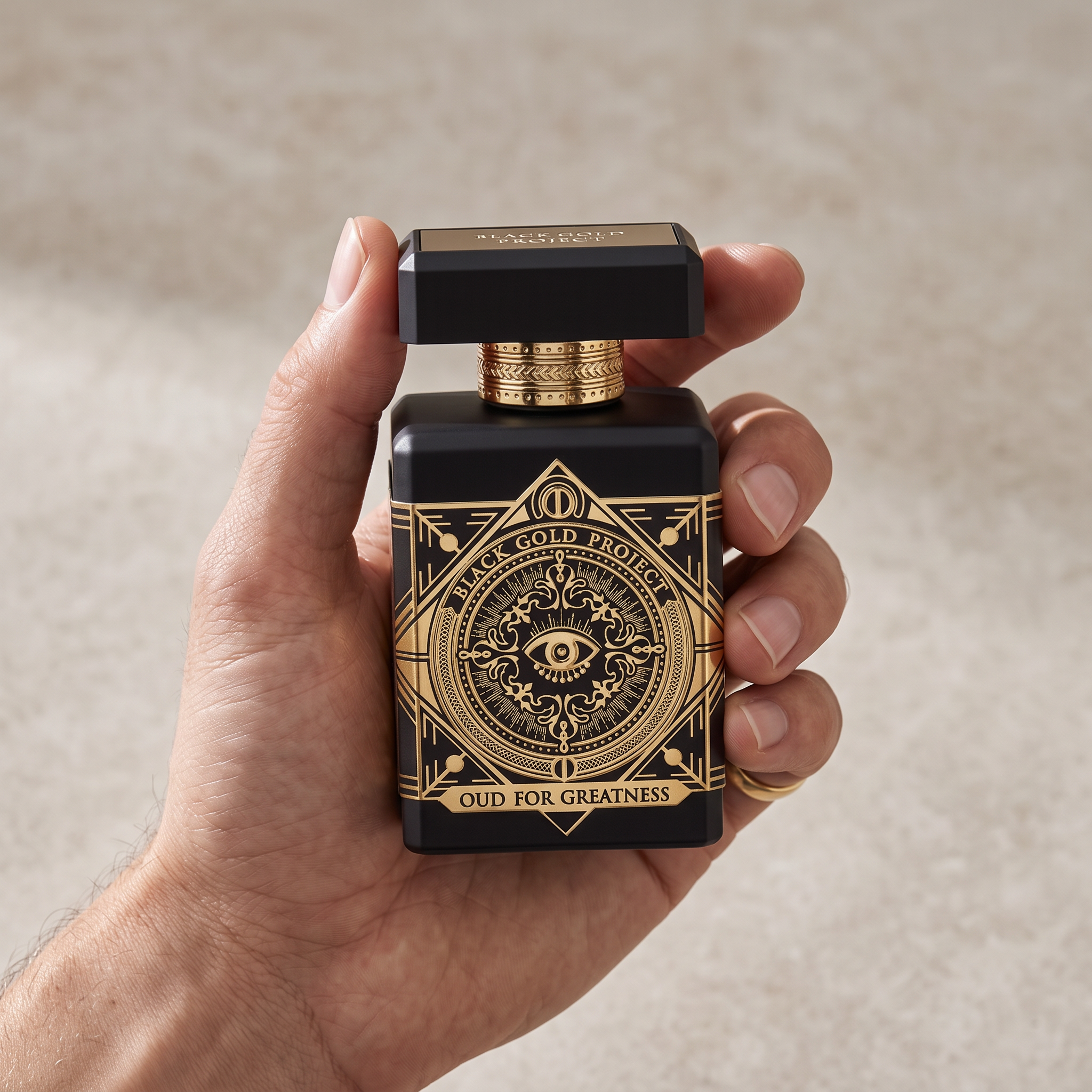 Palette 21 Initio Oud for Greatness perfume bottle in hand featuring a black rectangular glass with gold engravings