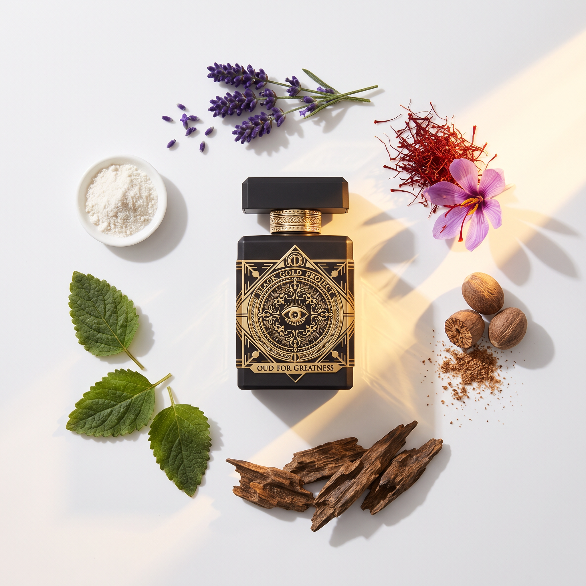 Palette 21 Initio Oud for Greatness perfume bottle surrounded by lavender, saffron, nutmeg, and oud wood ingredients.