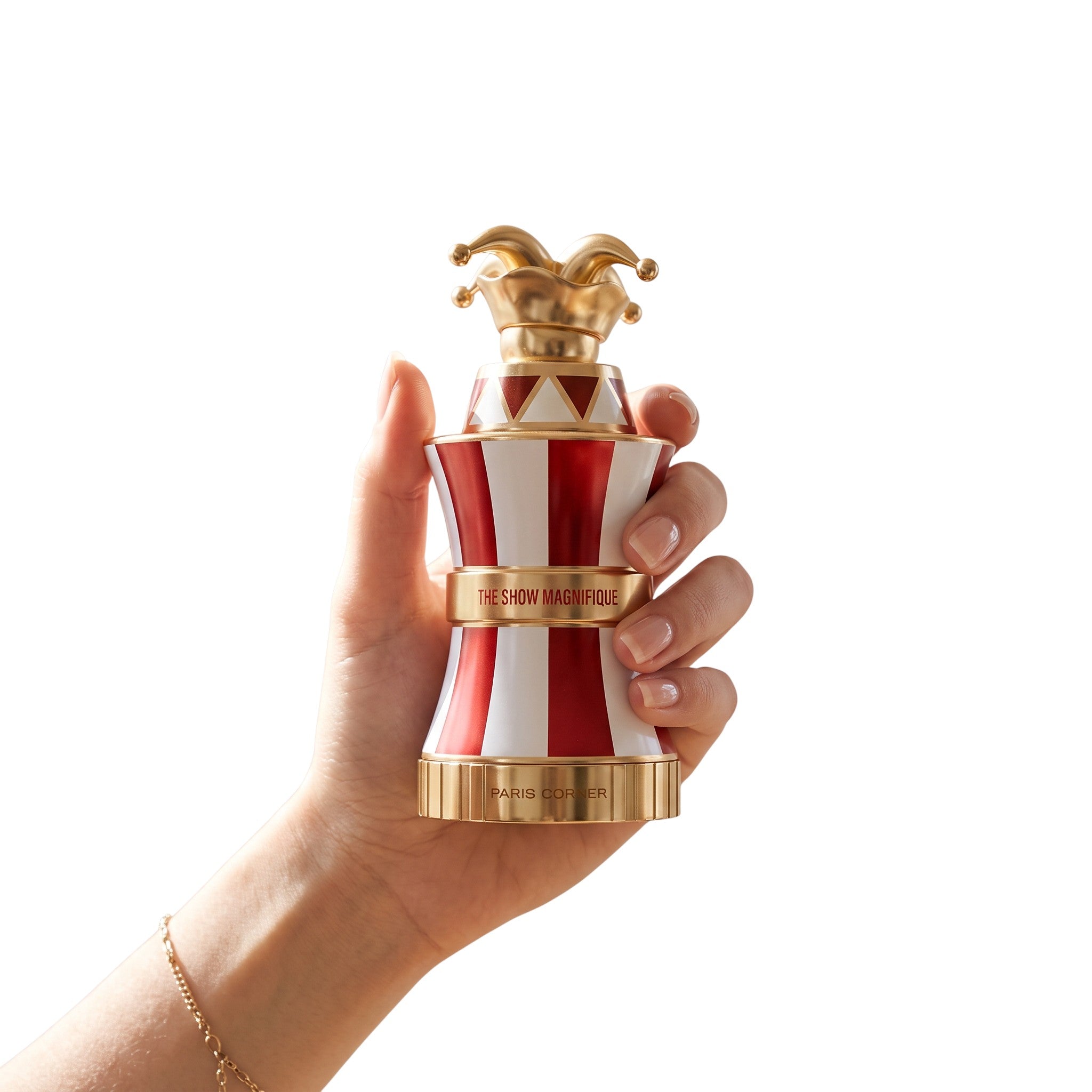 Palette 21 Paris Corner The Show Magnifique perfume bottle with red and white circus stripes and a gold jester cap.