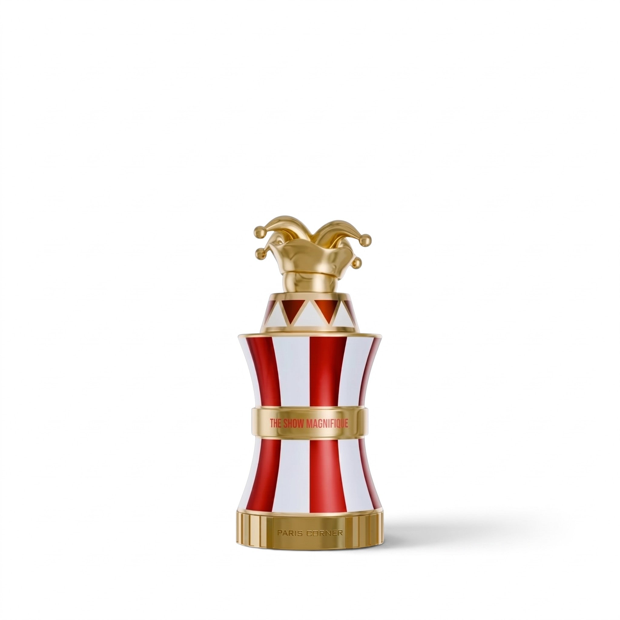 Palette 21 Paris Corner The Show Magnifique perfume bottle with red and white stripes and a gold jester cap