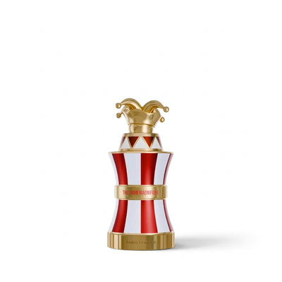 Palette 21 Paris Corner The Show Magnifique perfume bottle with red and white stripes and a gold jester cap