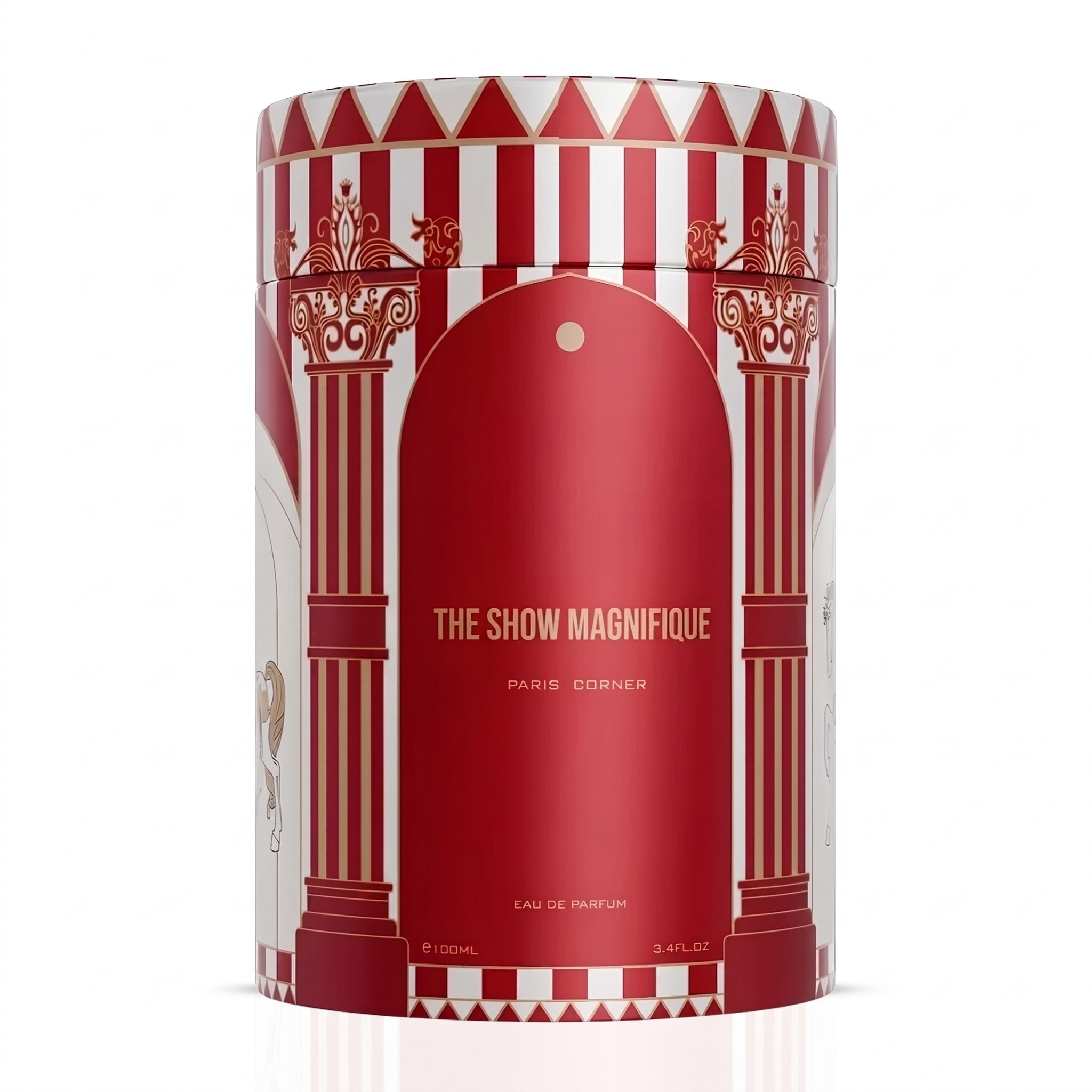 Palette 21 Paris Corner The Show Magnifique Eau de Parfum in a red and white circus-themed cylindrical bottle