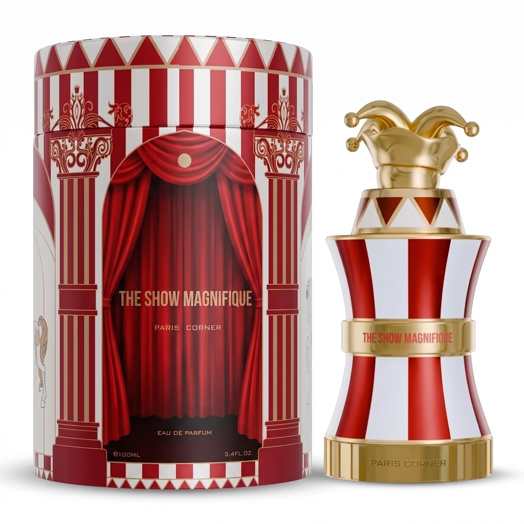 Palette 21 Paris Corner The Show Magnifique perfume bottle with jester cap and matching red and white striped box.