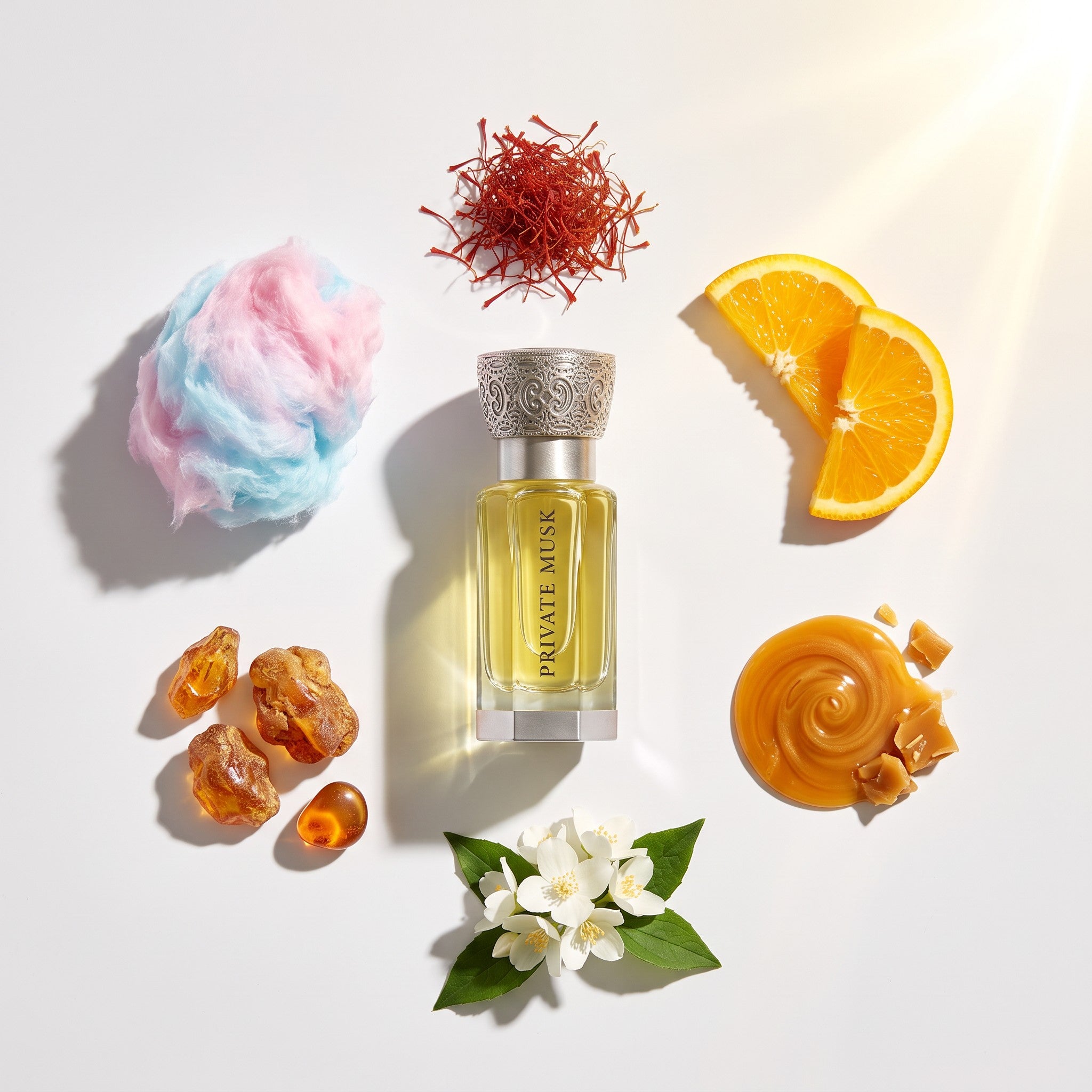 Palette 21 Private Musk Swiss Arabian perfume bottle surrounded by cotton candy, saffron, orange, caramel, and jasmine