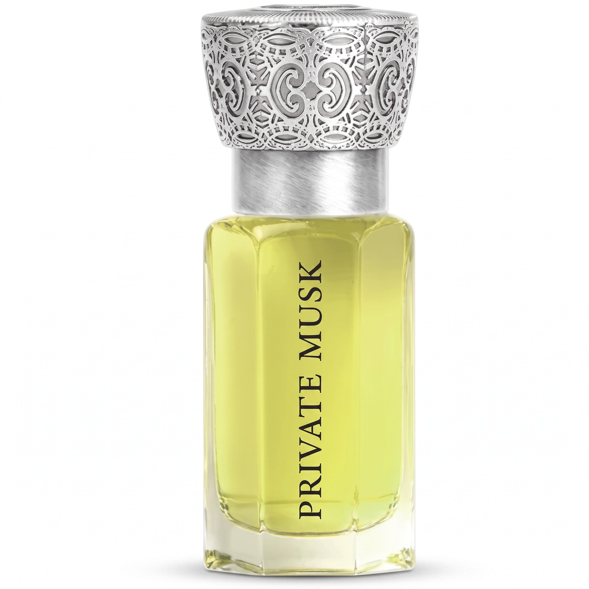 Palette 21 Private Musk Swiss Arabian unisex perfume in a clear glass bottle with an ornate silver cap