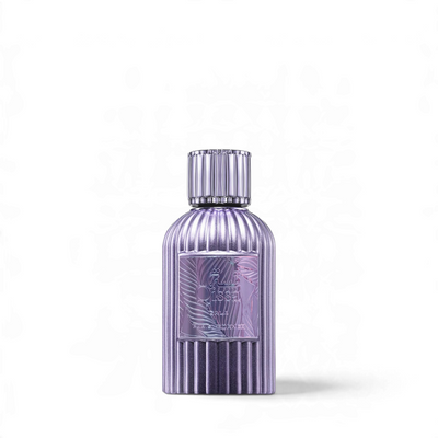 Palette 21 Qissa Gala Paris Corner women's perfume in a metallic purple ribbed glass bottle with a matching cap.