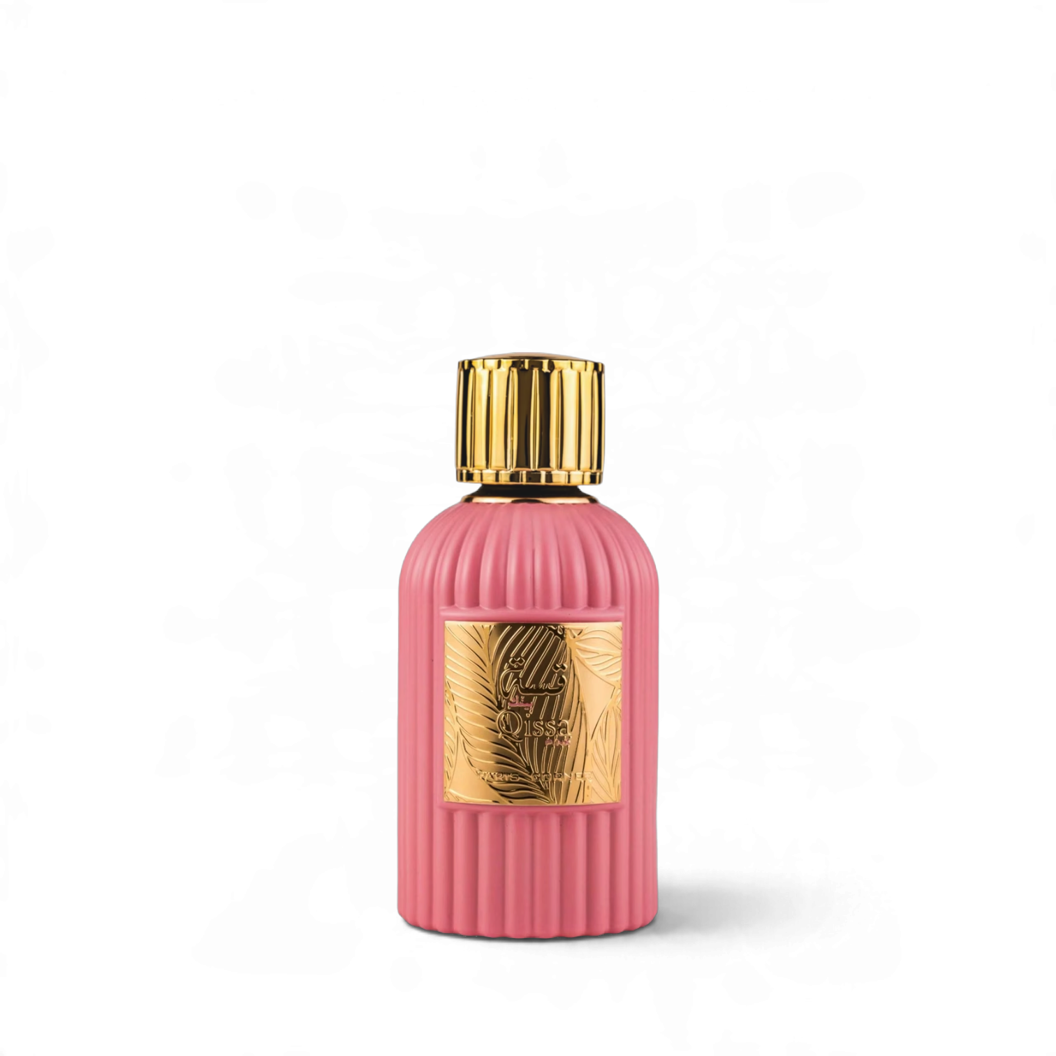 Palette 21 Qissa Pink PARIS CORNER perfume bottle in a ribbed pink glass design with a gold cap and embossed label.