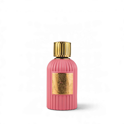 Palette 21 Qissa Pink PARIS CORNER perfume bottle in a ribbed pink glass design with a gold cap and embossed label.