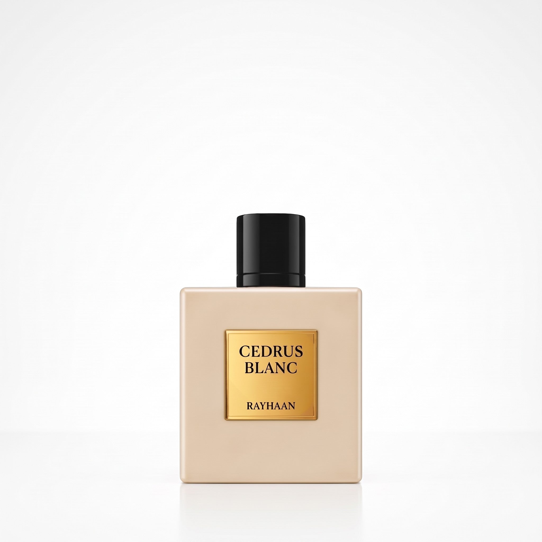 Palette 21 Rayhaan Cedras Blanc unisex Eau de Parfum in a beige square bottle with a gold label and black cap.