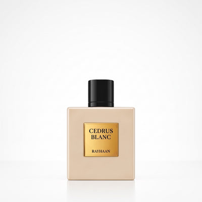 Palette 21 Rayhaan Cedras Blanc unisex Eau de Parfum in a beige square bottle with a gold label and black cap.