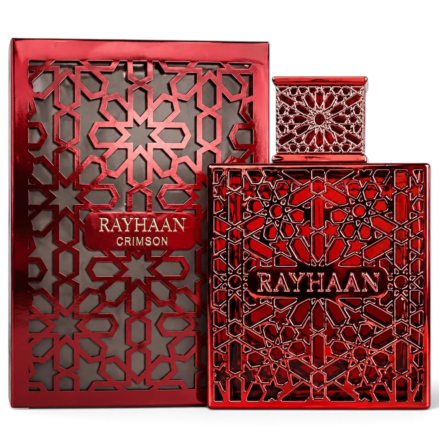 Palette 21 Rayhaan Crimson Eau de Parfum bottle and box featuring intricate red and gold geometric lattice patterns.