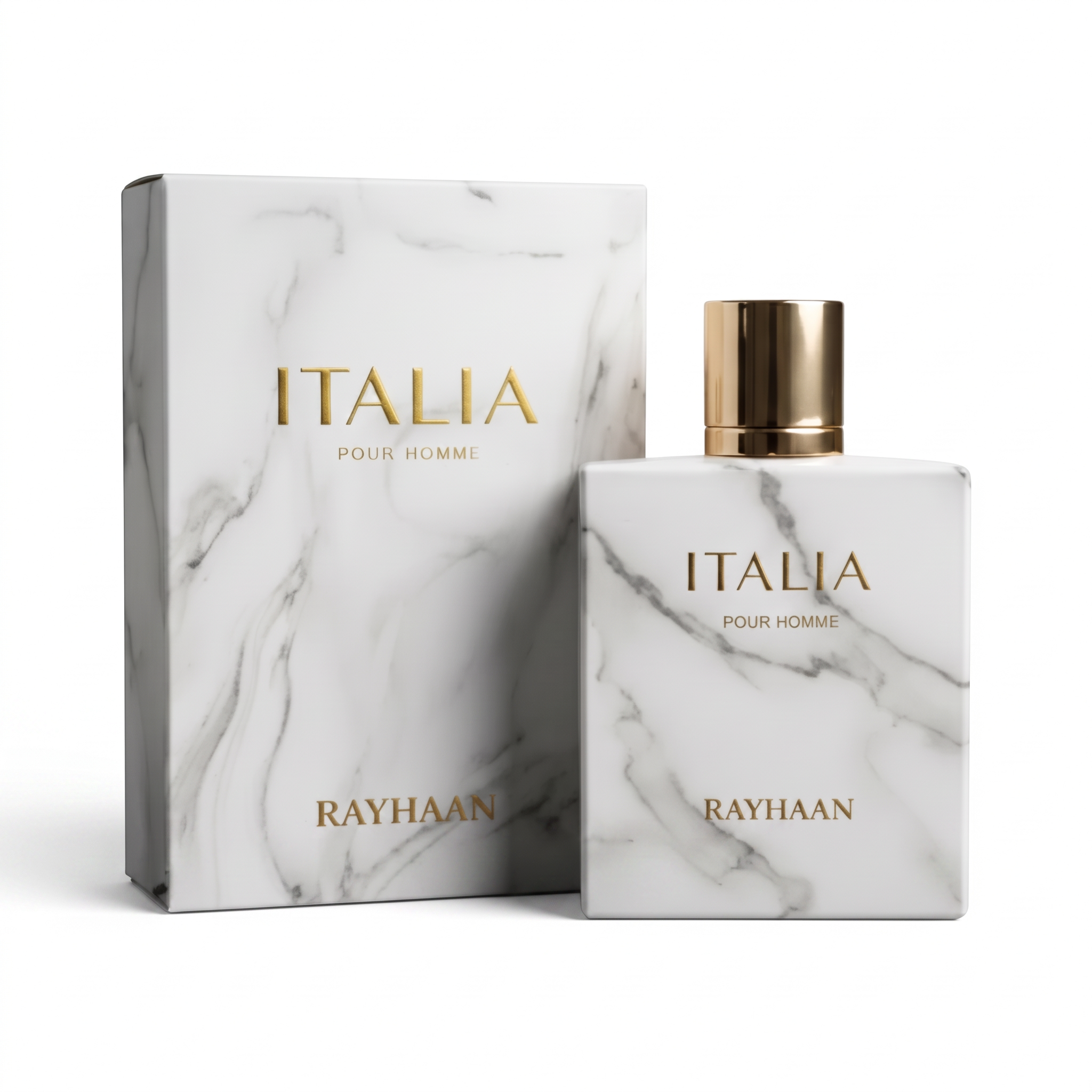 Palette 21 Rayhaan Italia Pour Homme fragrance bottle and box with a white marble pattern and gold lettering