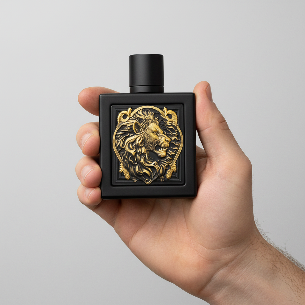 Palette 21 RAYHAAN Lion eau de parfum in a matte black bottle with a regal gold lion emblem held in a hand.