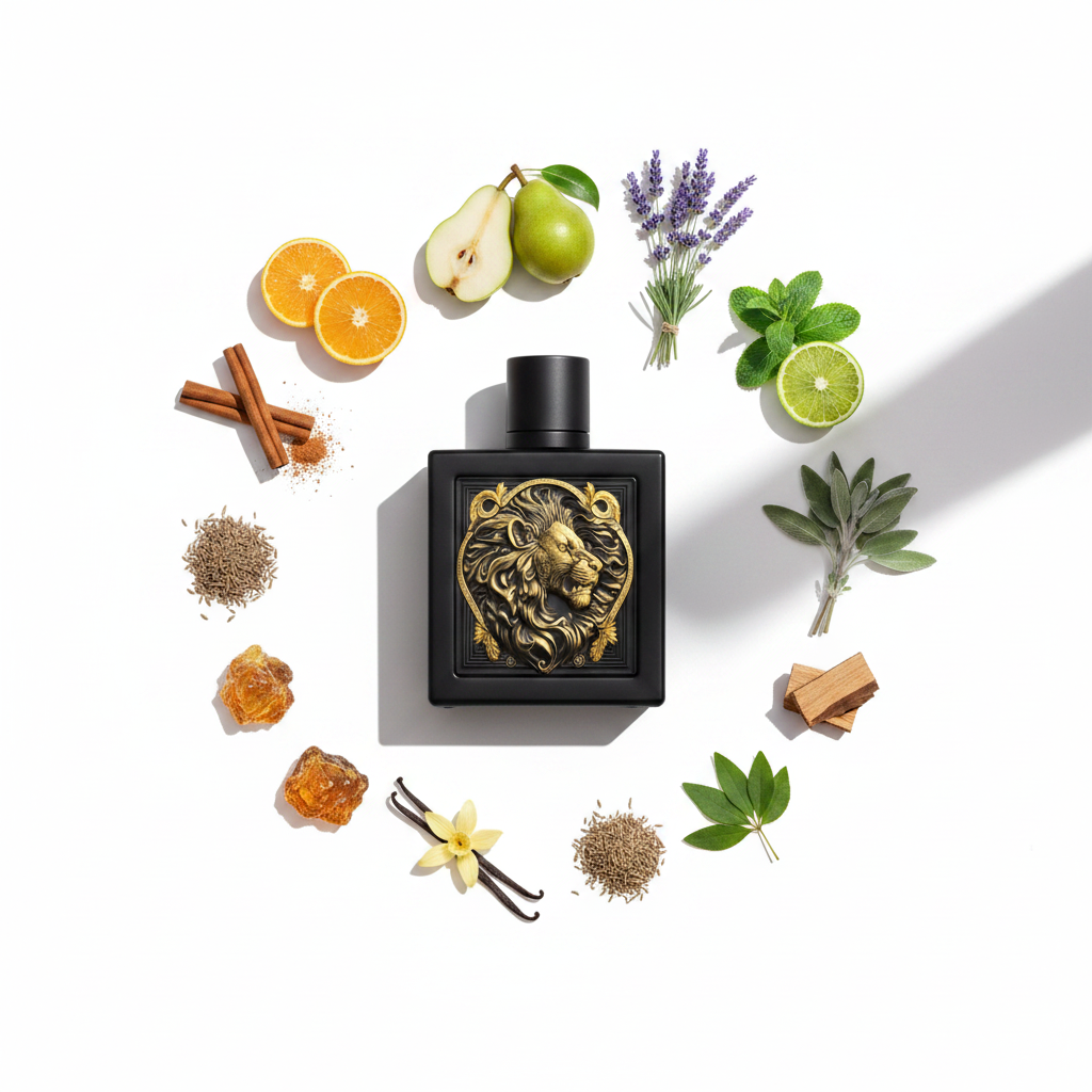 Palette 21 RAYHAAN Lion eau de parfum in a black bottle with a gold lion emblem, surrounded by natural fragrance notes.