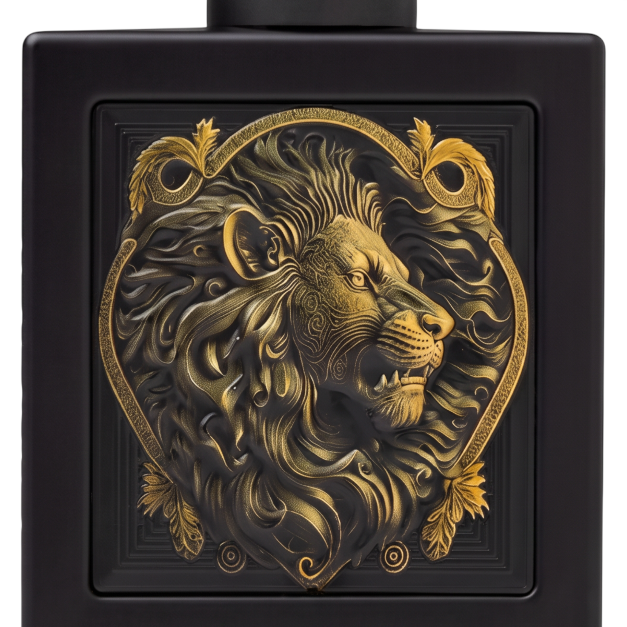 Palette 21 RAYHAAN Lion eau de parfum in a matte black bottle with an intricate, regal gold lion emblem.