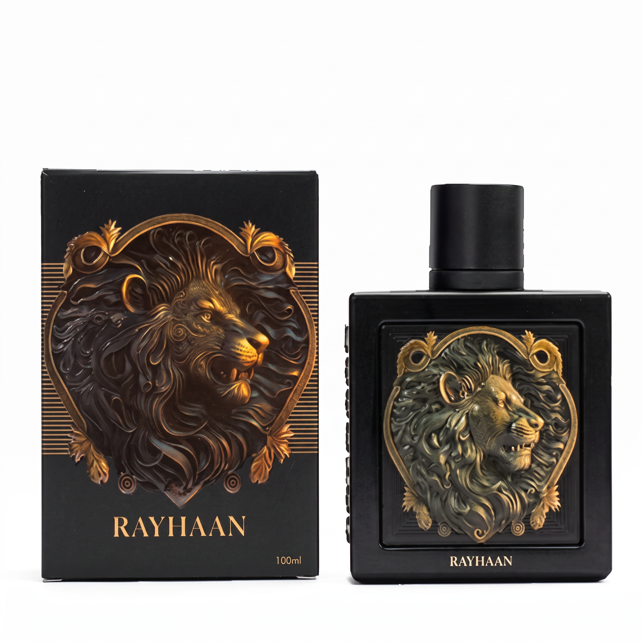 Palette 21 Rayhaan Lion eau de parfum spray in a matte black bottle with a gold lion emblem next to its matching box.