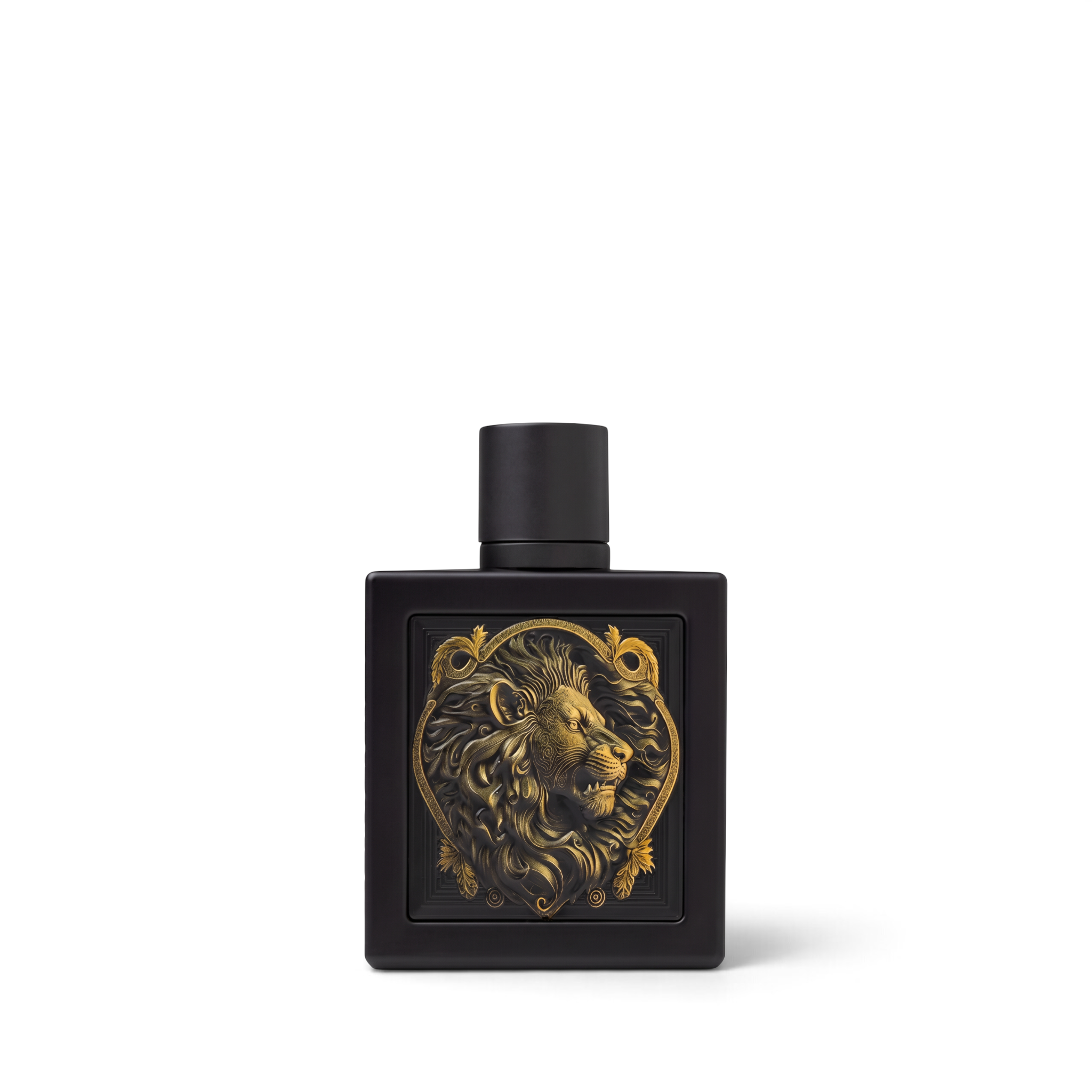 Palette 21 RAYHAAN Lion eau de parfum in a matte black bottle with an intricate gold lion emblem.