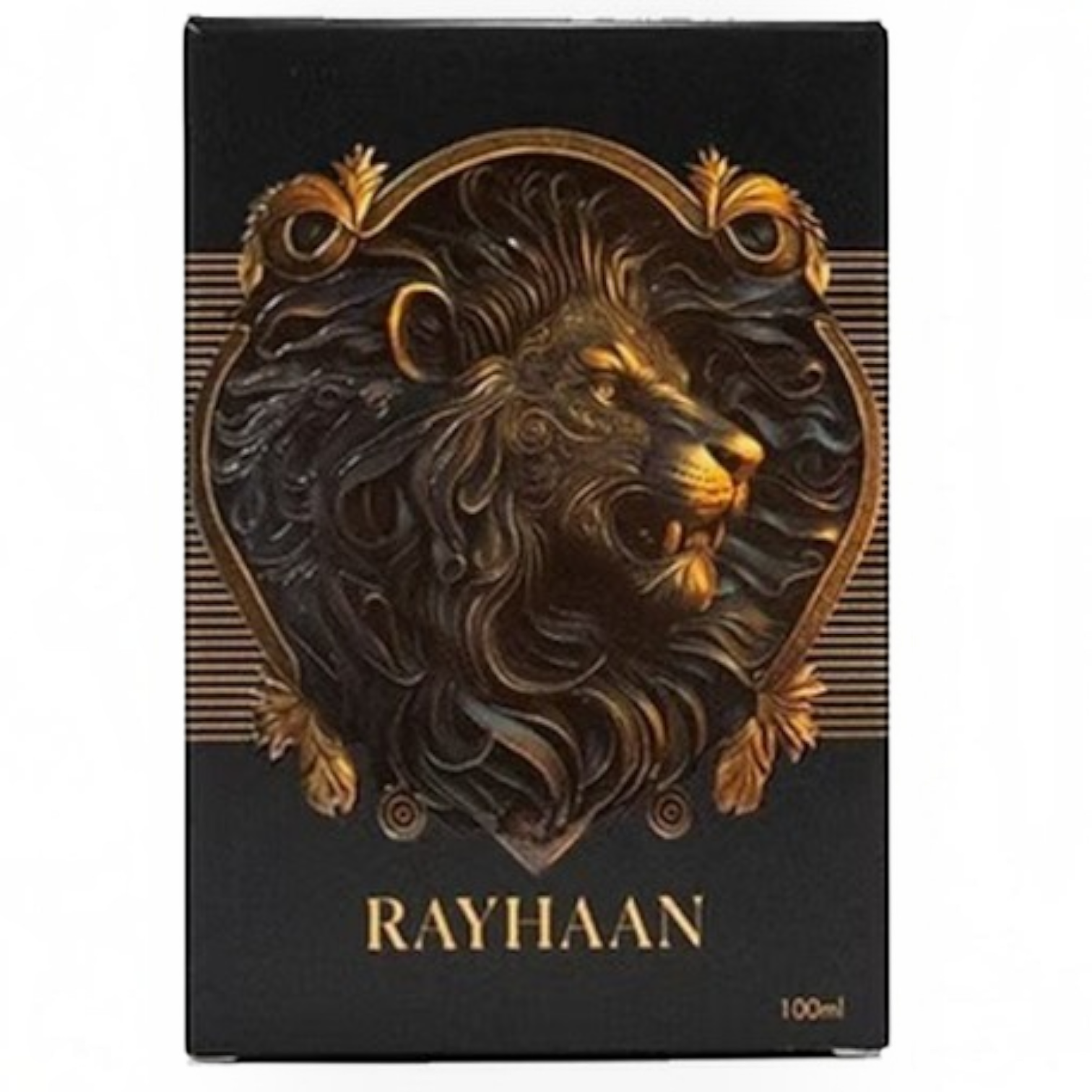 Palette 21 RAYHAAN Lion eau de parfum box featuring a regal gold lion emblem on a matte black background