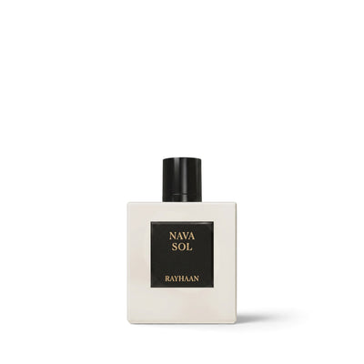 Palette 21 Rayhaan Nava Sol Eau de Parfum in a sleek white square bottle with a black label and cap.