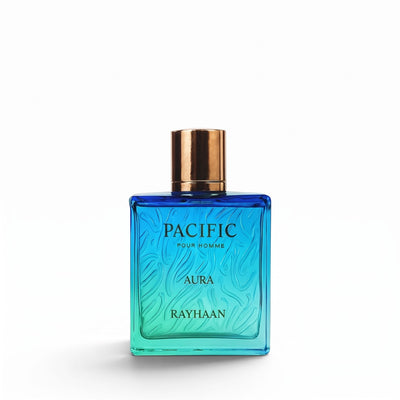 Palette 21 Rayhaan Pacific Aura men's fragrance in a blue-to-green gradient glass bottle with a metallic gold cap.