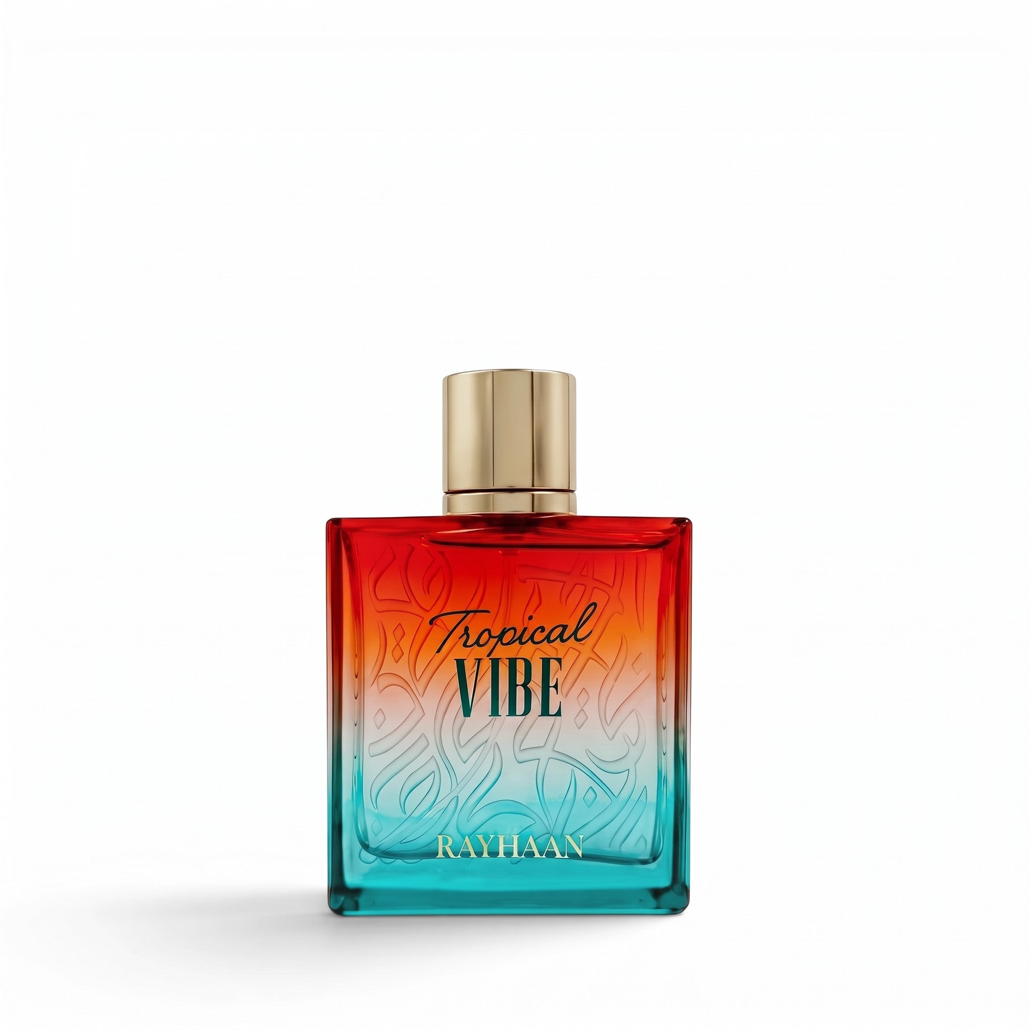 Palette 21 Rayhaan Tropical Vibe unisex perfume in a square glass bottle with a vibrant red to turquoise gradient.