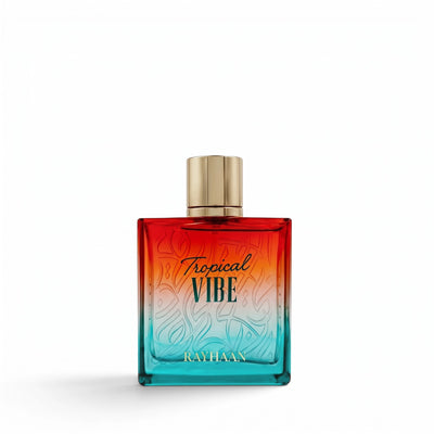 Palette 21 Rayhaan Tropical Vibe unisex perfume in a square glass bottle with a vibrant red to turquoise gradient.
