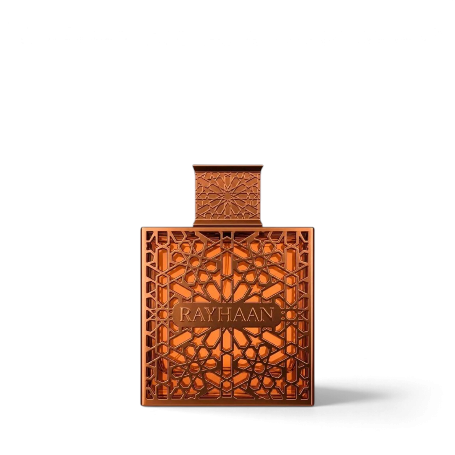 Palette 21 Rayhaan Vantage perfume bottle with an intricate copper-toned geometric lattice overlay on orange glass.