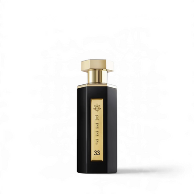 Palette 21 Reef 33 perfume bottle in matte black with a gold hexagonal cap and central gold label