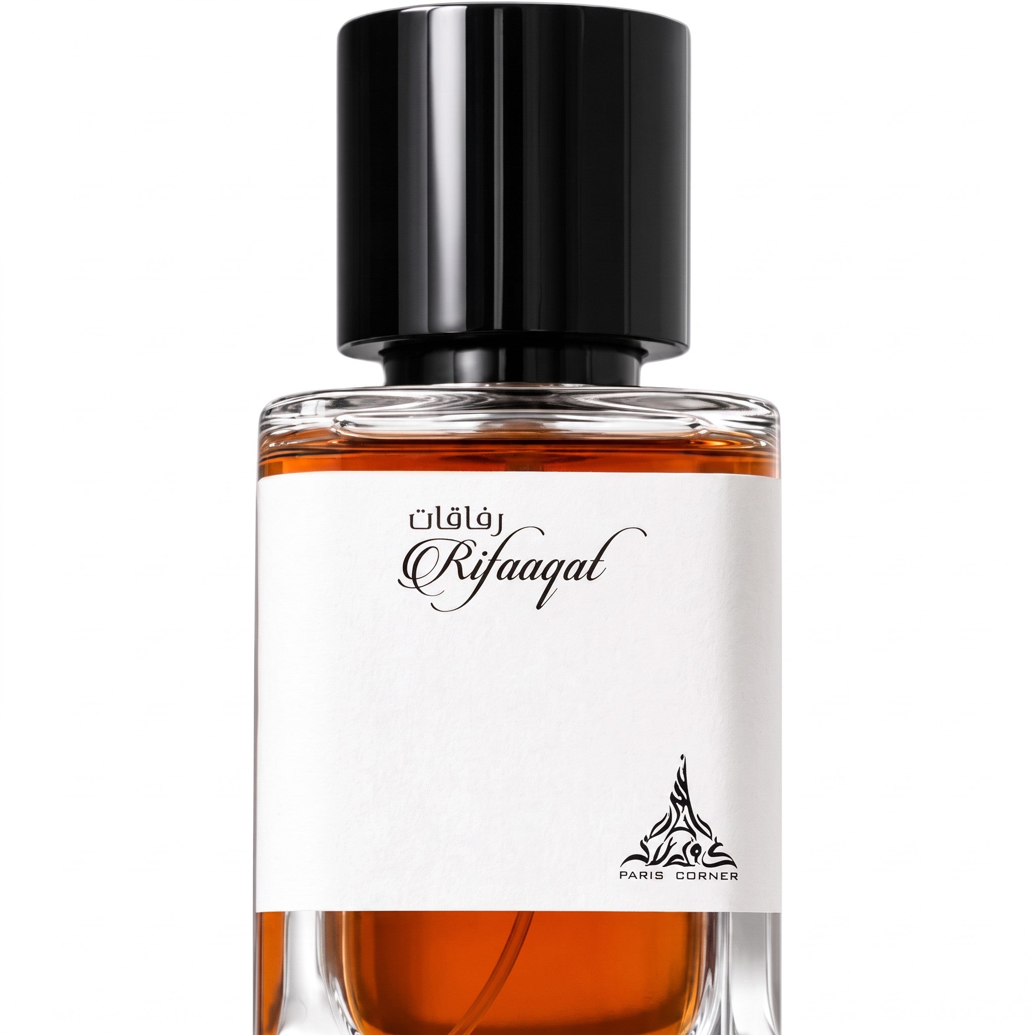 Palette 21 Paris Corner Rifaaqal Eau De Parfum in a sleek glass bottle with a black cap and amber fragrance liquid.