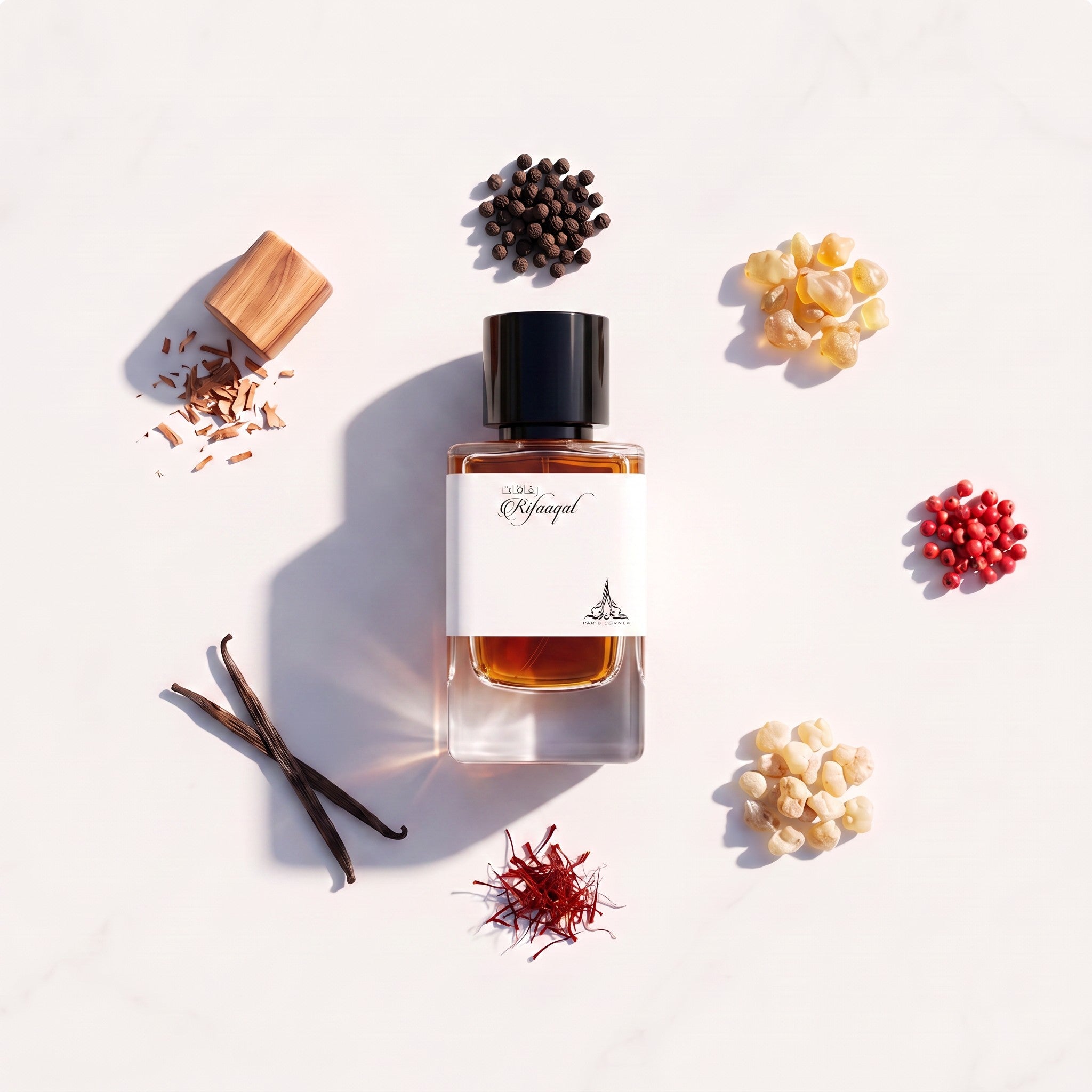 Palette 21 Paris Corner Rifaaqal perfume bottle surrounded by black pepper, vanilla, saffron, and resin ingredients.