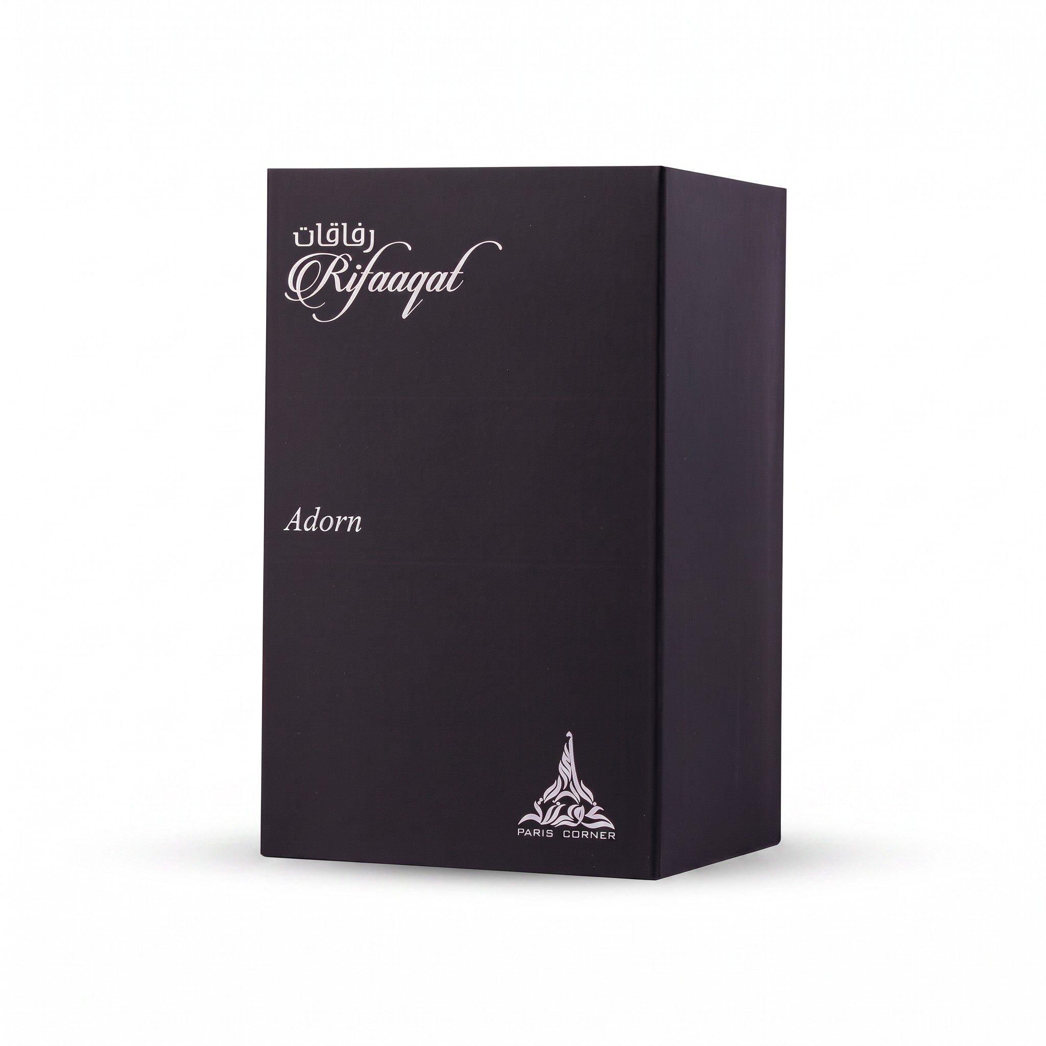 Palette 21 Paris Corner Rifaaqat Adorn Eau De Parfum black rectangular fragrance box with elegant white branding