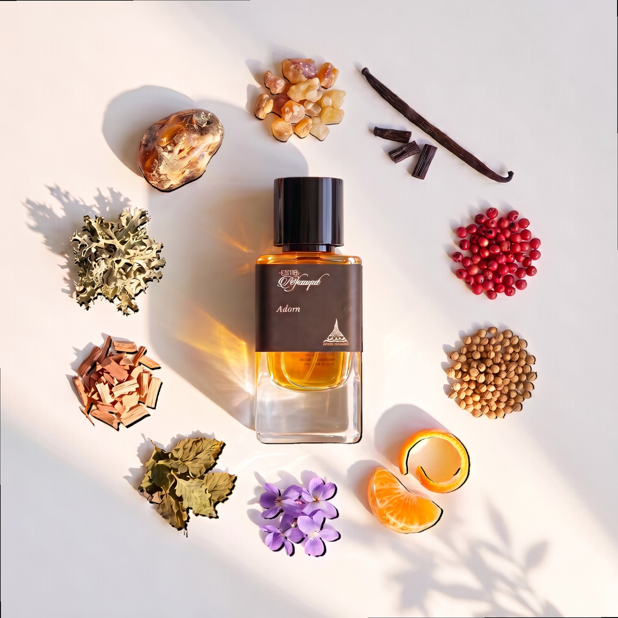 Palette 21 Rifaaqat Adorn perfume bottle surrounded by raw ingredients like amber, vanilla, citrus, and floral notes.