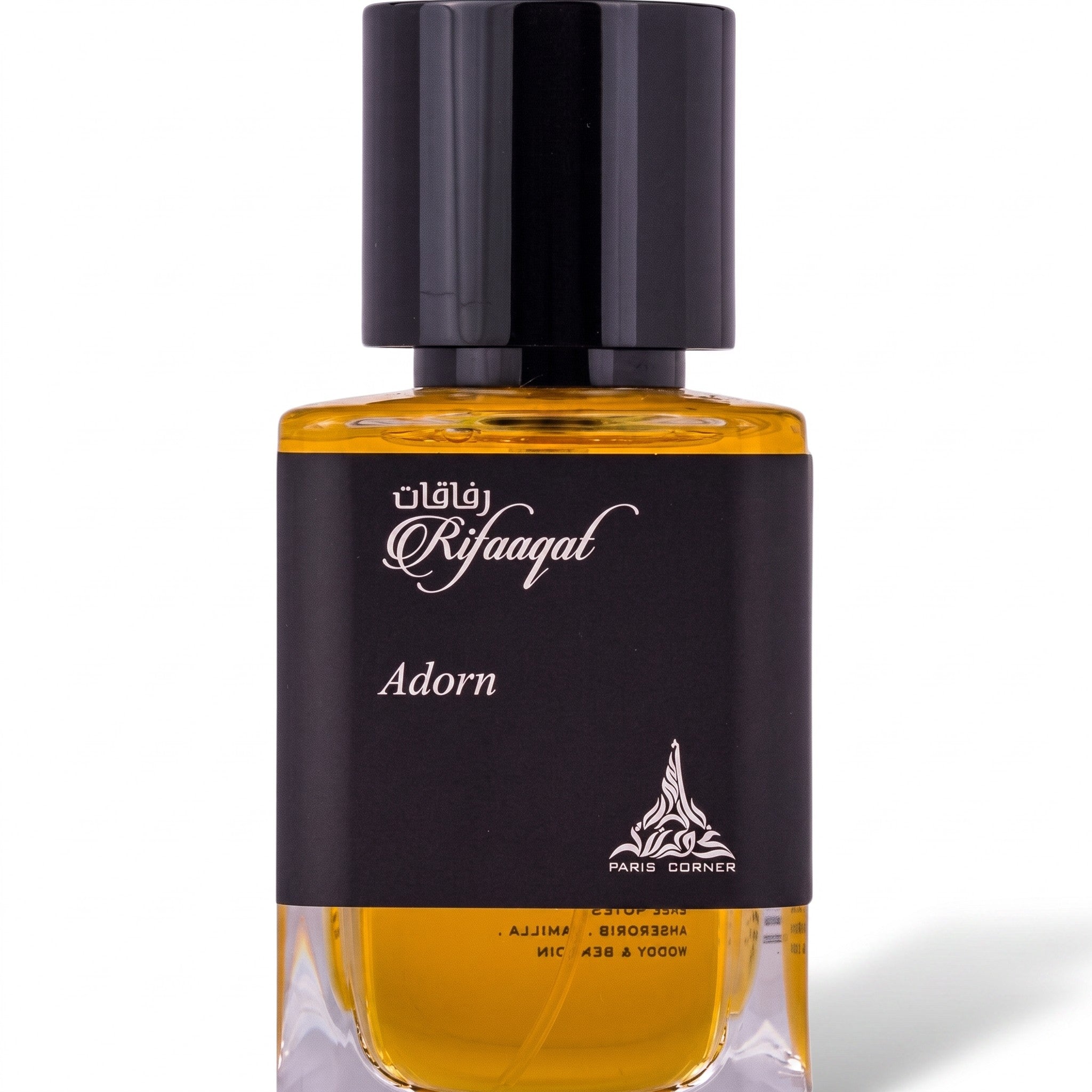 Palette 21 Paris Corner Rifaaqat Adorn eau de parfum in a minimalist glass bottle with a black label and cap.