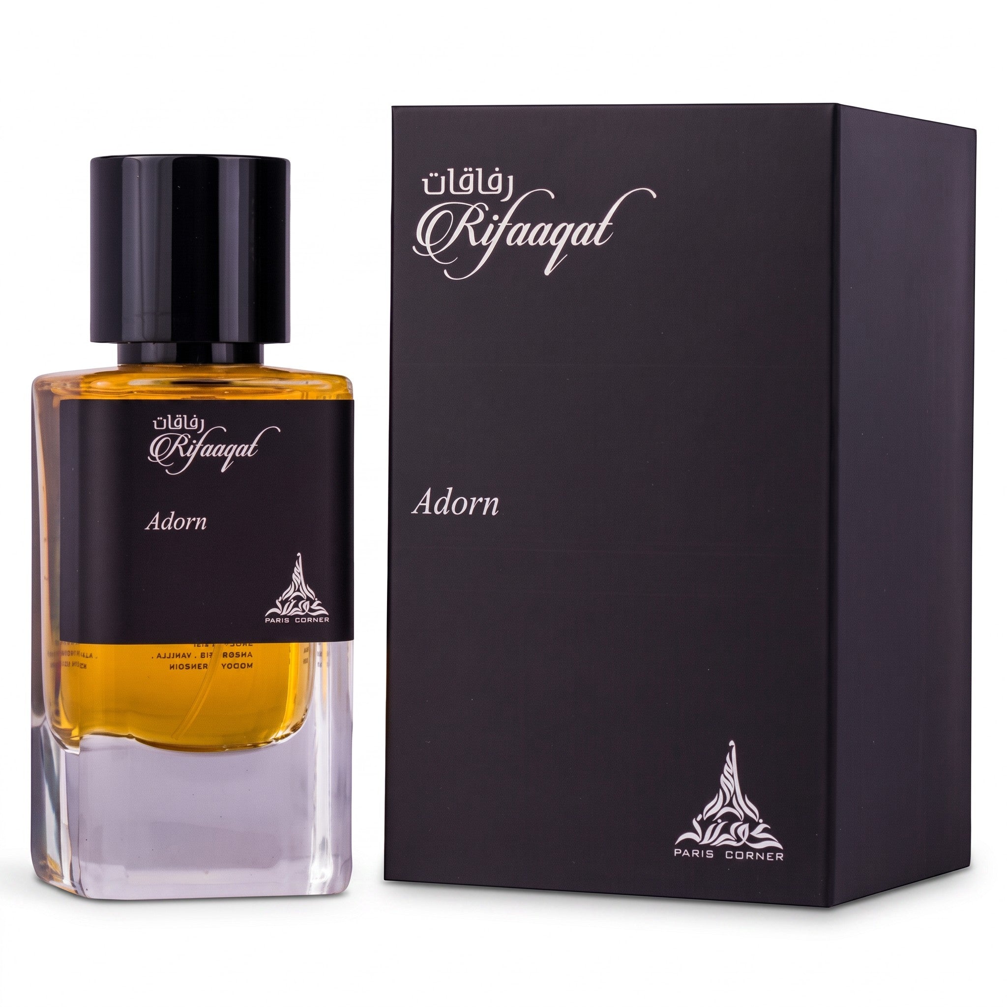 Palette 21 Paris Corner Rifaaqat Adorn perfume bottle and black box packaging with minimalist design