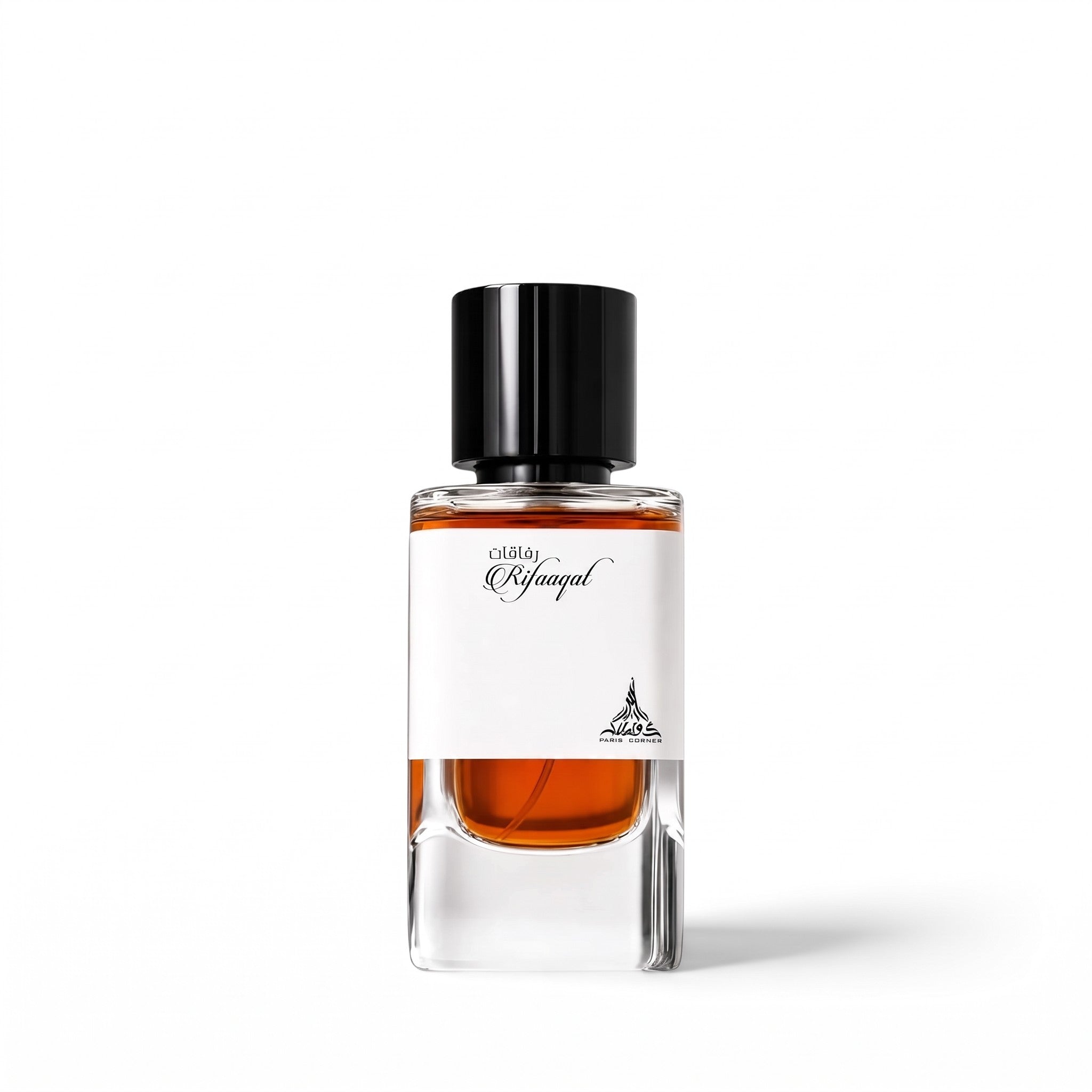 Palette 21 Paris Corner Rifaaqat eau de parfum in a sleek glass bottle with a black cap and amber fragrance liquid.
