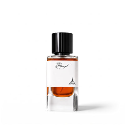 Palette 21 Paris Corner Rifaaqat eau de parfum in a sleek glass bottle with a black cap and amber fragrance liquid.