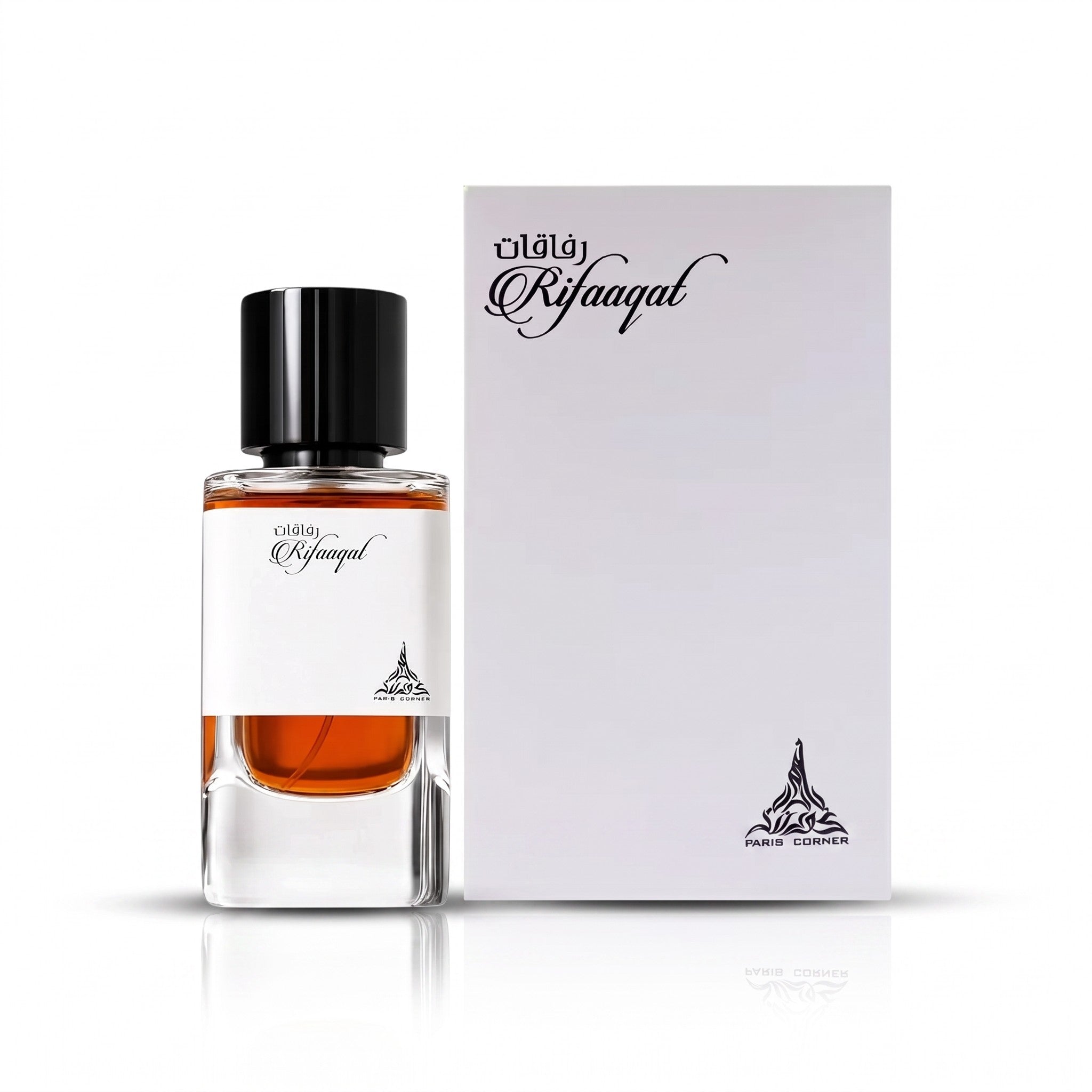Palette 21 Paris Corner Rifaaqat eau de parfum in a minimalist glass bottle with its white presentation box.
