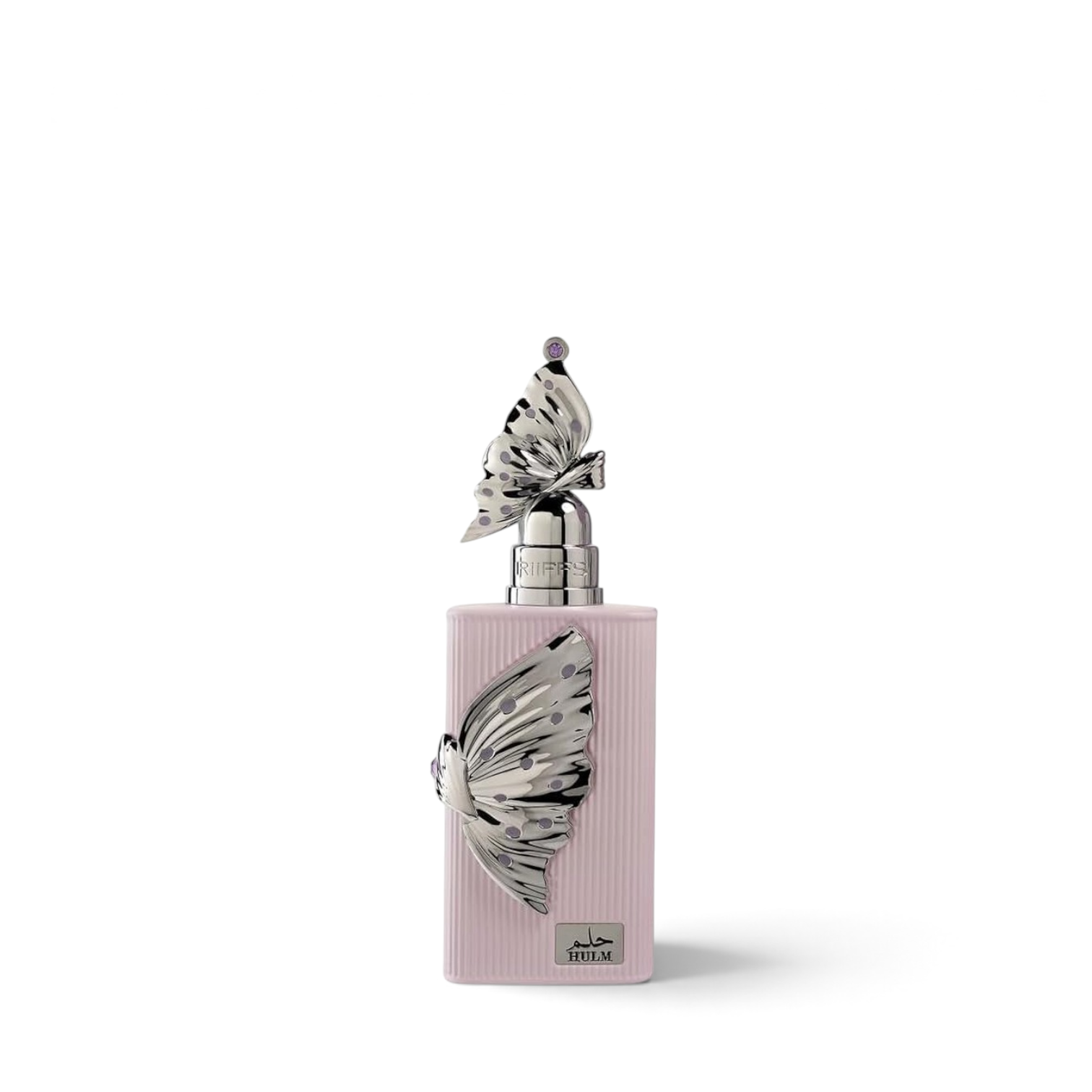 Palette 21 RIIFFS HULM 3.4oz perfume bottle in light pink with silver butterfly accents and a decorative cap