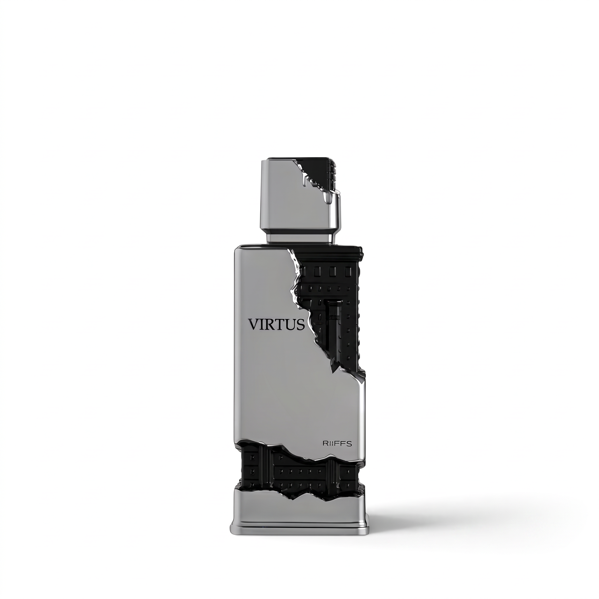 Palette 21 RIIFFS Virtus Extrait de Parfum in a striking silver and black architectural bottle on a white background.
