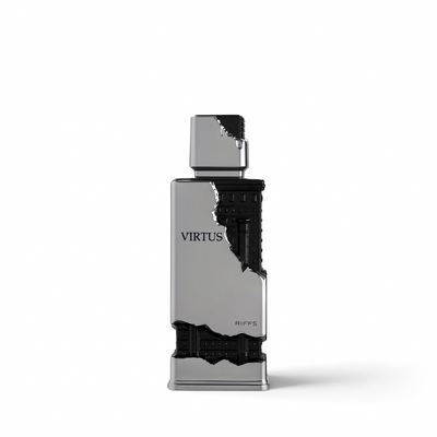 Palette 21 RIIFFS Virtus Extrait de Parfum 100ml men's cologne in a silver and black architectural bottle on white