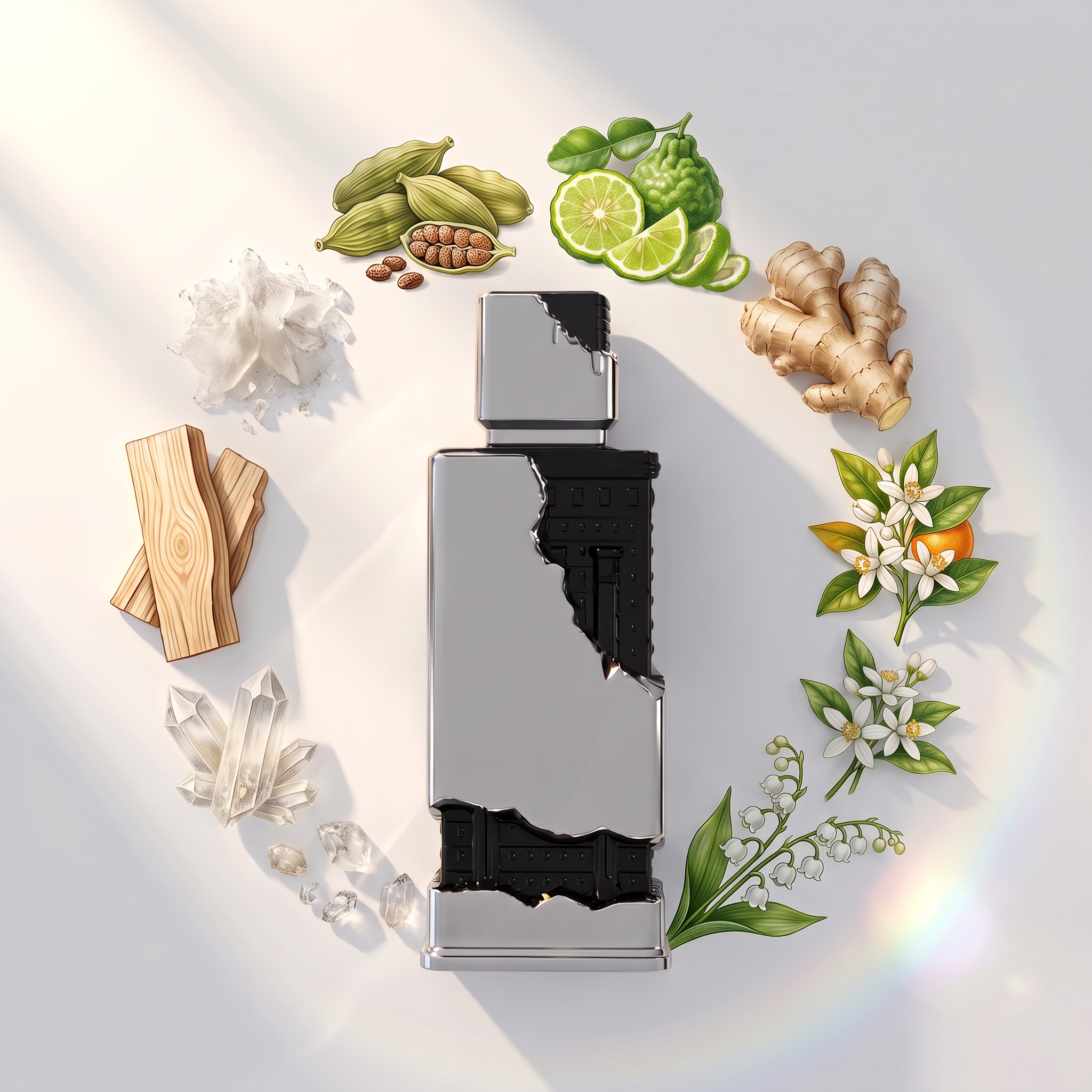 Palette 21 RIIFFS Virtus Extrait de Parfum bottle surrounded by illustrations of bergamot, ginger, and floral notes.