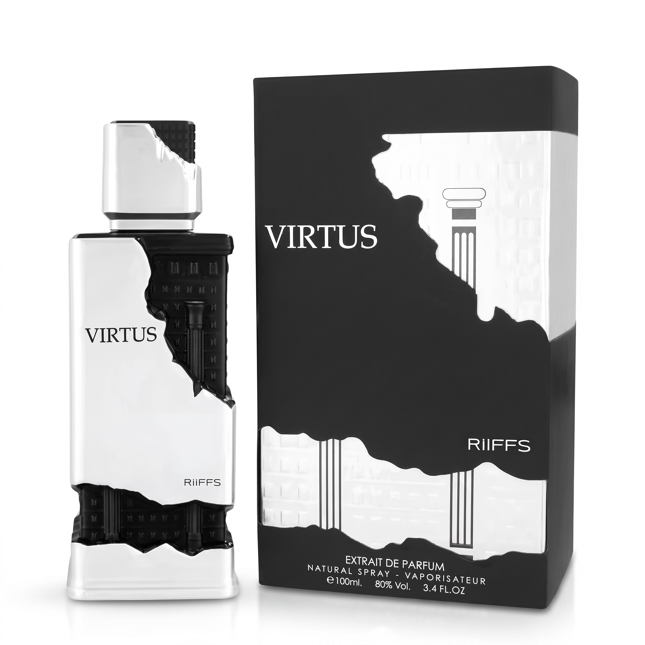 Palette 21 RIIFFS Virtus Extrait de Parfum in a striking architectural black and white bottle with matching gift box.