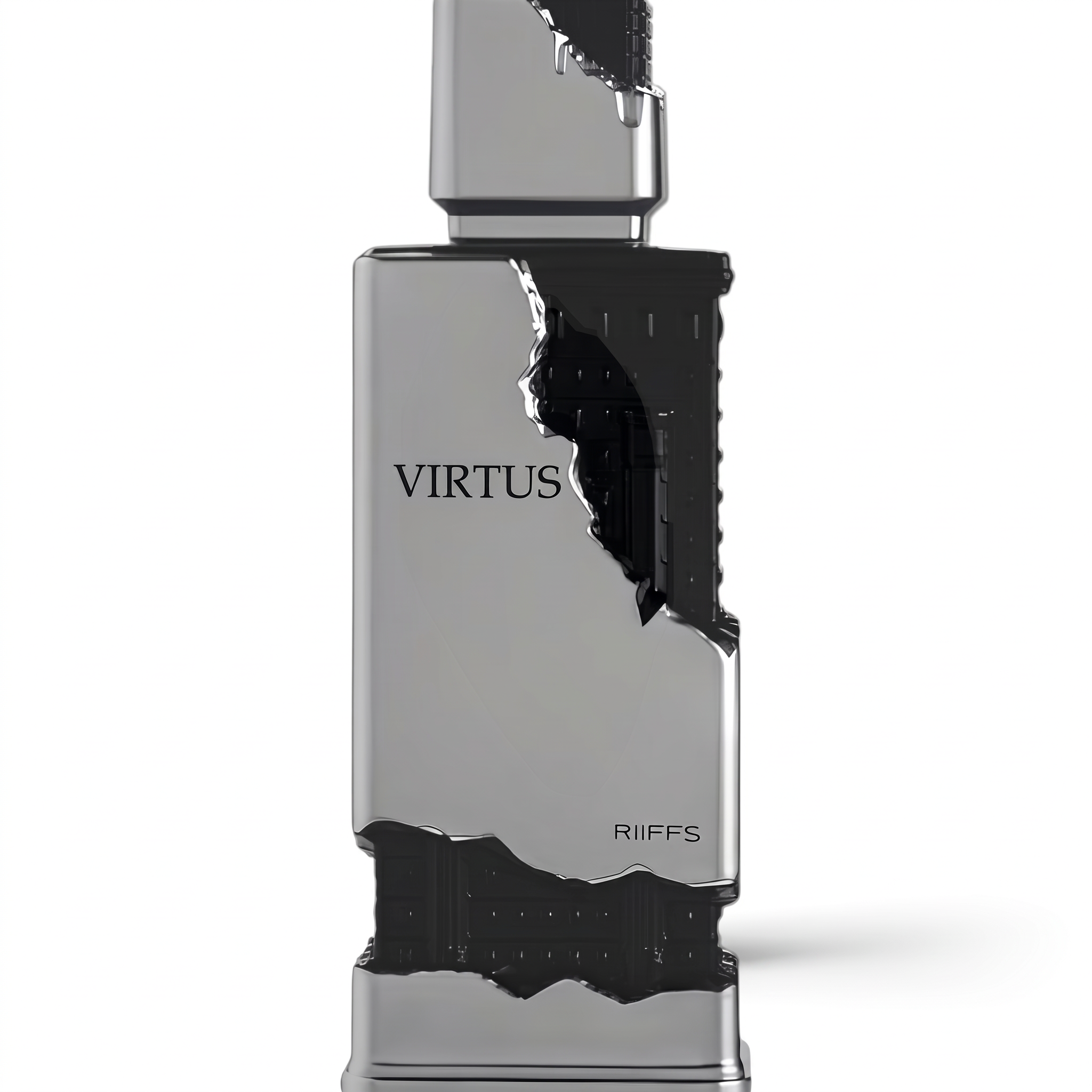 Palette 21 RIIFFS Virtus Extrait de Parfum in a striking architectural silver and black bottle
