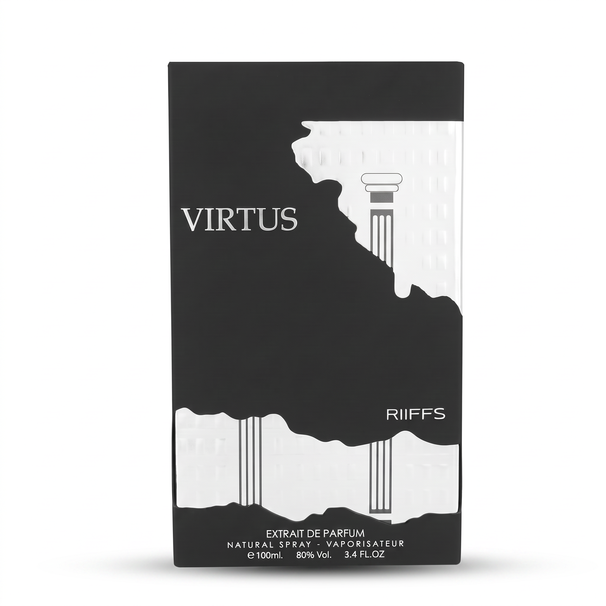 Palette 21 RIIFFS Virtus Extrait de Parfum 100ml fragrance box with black and silver architectural column design.