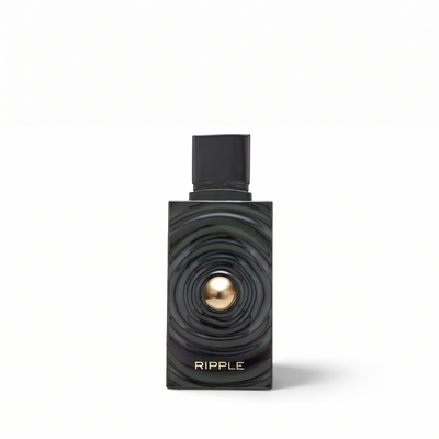 Palette 21 Ripple Eau de Parfum in a black rippled glass bottle with a central gold-toned sphere accent.