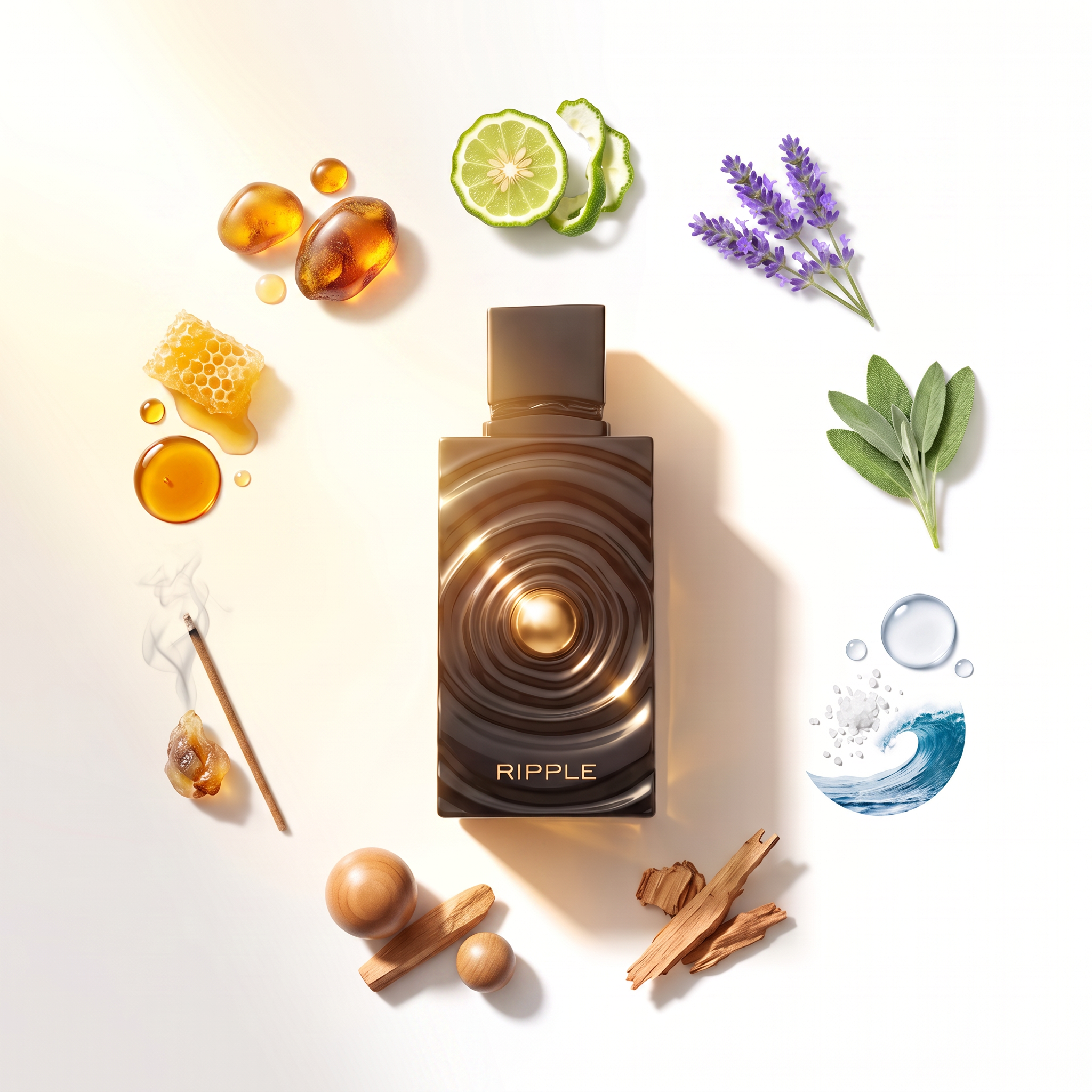 Palette 21 Ripple Eau de Parfum in a black rippled bottle surrounded by aromatic ingredients like lavender and citrus.
