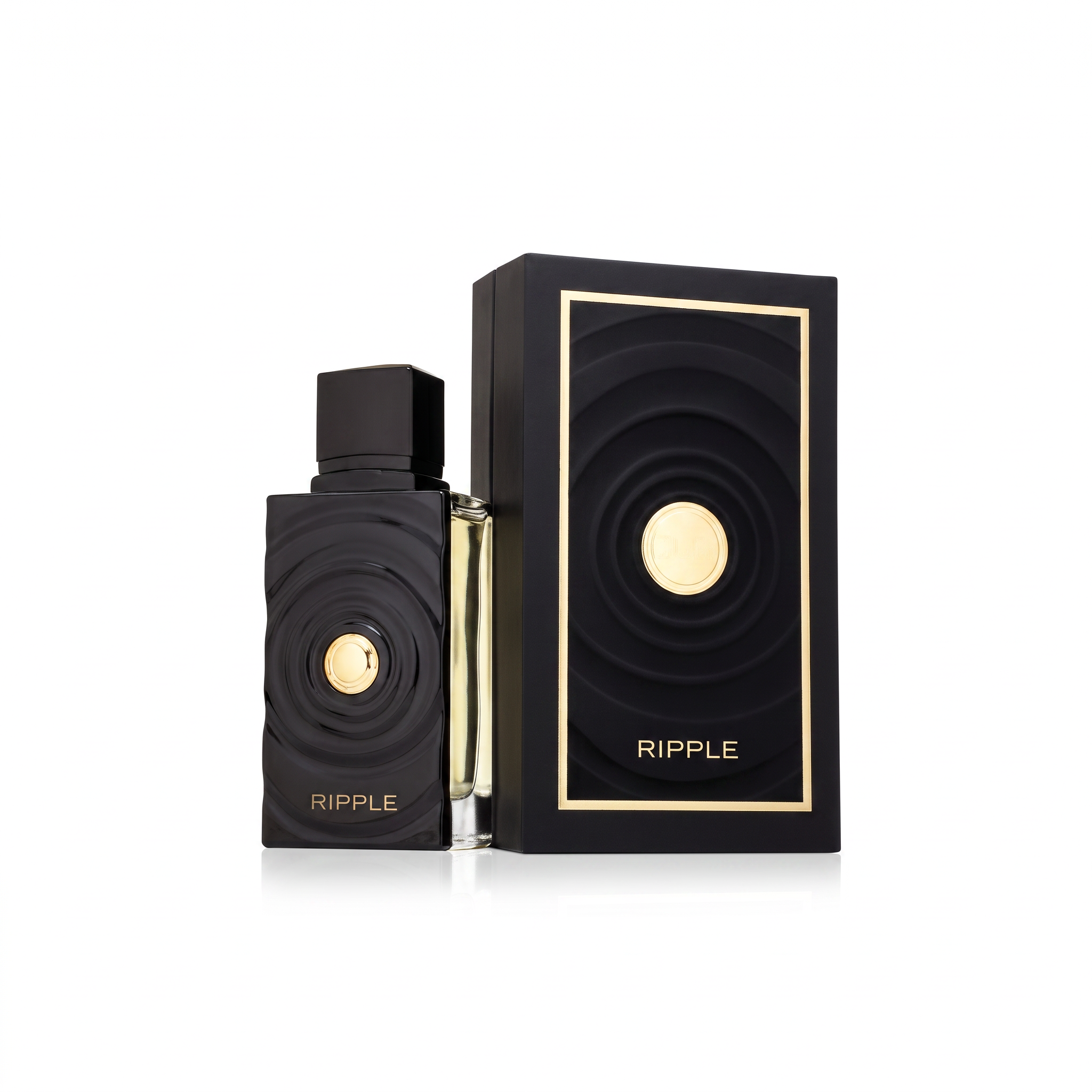 Palette 21 Ripple Eau de Parfum in a black rippled glass bottle with a gold centerpiece next to its matching gift box.