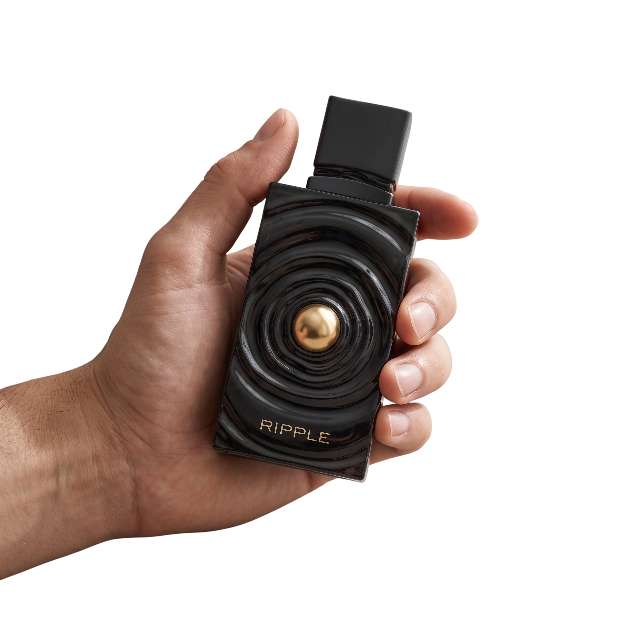 Palette 21 Ripple Eau De Parfum in a black rippled glass bottle with a gold sphere held in a hand against white.